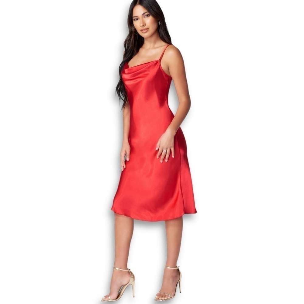 Bebe Y2K-style Cherry Red Satin Spaghetti Strap Cowl Neck Slip Dress NWOT